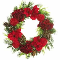 Fraser Hill Farm 28" Round Christmas Wreath Trimmed W/ Hydrangea, Amaryllis, Red Berry Balls, Pine Cones