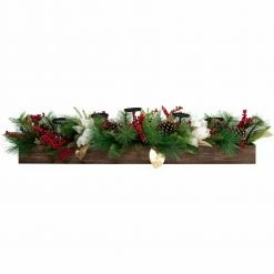 Fraser Hill Farm 42-inch 5-Candle Holder Centerpiece W/ Pine, Red Berries, Gold Leaf Accents In Wooden Box
