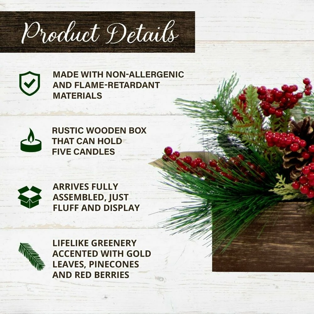 Fraser Hill Farm 42-inch 5-Candle Holder Centerpiece W/ Pine, Red Berries, Gold Leaf Accents In Wooden Box 2 Fraser Hill Farm 42-inch 5-Candle Holder Centerpiece W/ Pine, Red Berries, Gold Leaf Accents In Wooden Box - Image 2