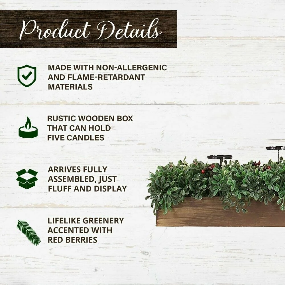Fraser Hill Farm 42-inch 5-Candle Holder Centerpiece W/ Boxwood Greenery, Red Berries In Wooden Box 4 Fraser Hill Farm 42-inch 5-Candle Holder Centerpiece W/ Boxwood Greenery, Red Berries In Wooden Box - Image 4