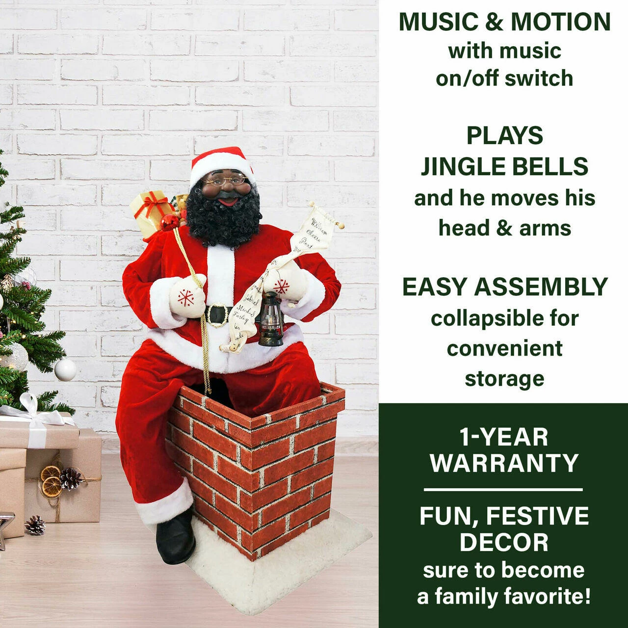 Fraser Hill Farm 48-In. Music And Motion African American Santa In Chimney, Life-Size Indoor Decor 3 Fraser Hill Farm 48-In. Music And Motion African American Santa In Chimney, Life-Size Indoor Decor - Image 3