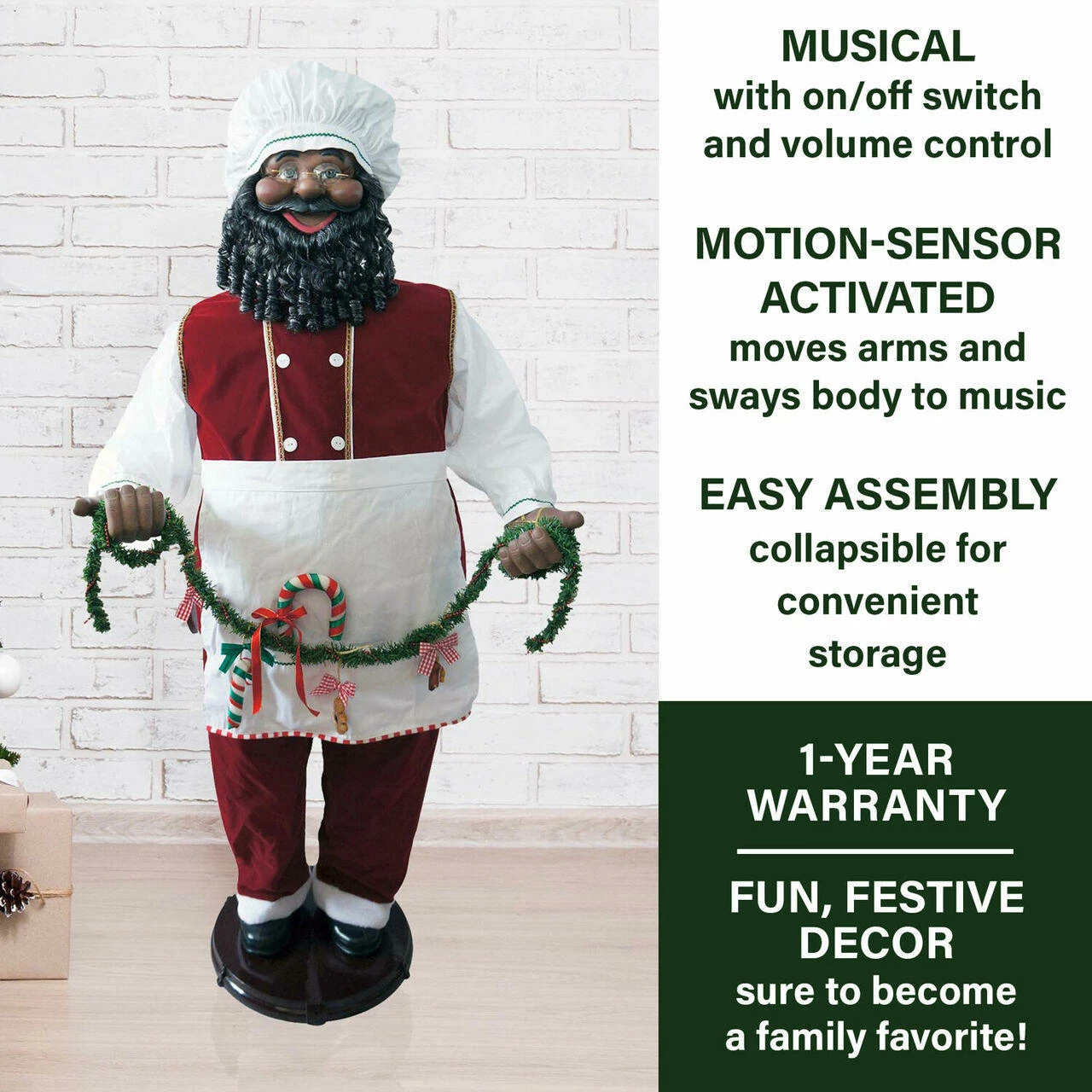 Fraser Hill Farm 58-In. African American Dancing Baking Santa W/ Apron And Christmas Cookie Garland 2 Fraser Hill Farm 58-In. African American Dancing Baking Santa W/ Apron And Christmas Cookie Garland - Image 2