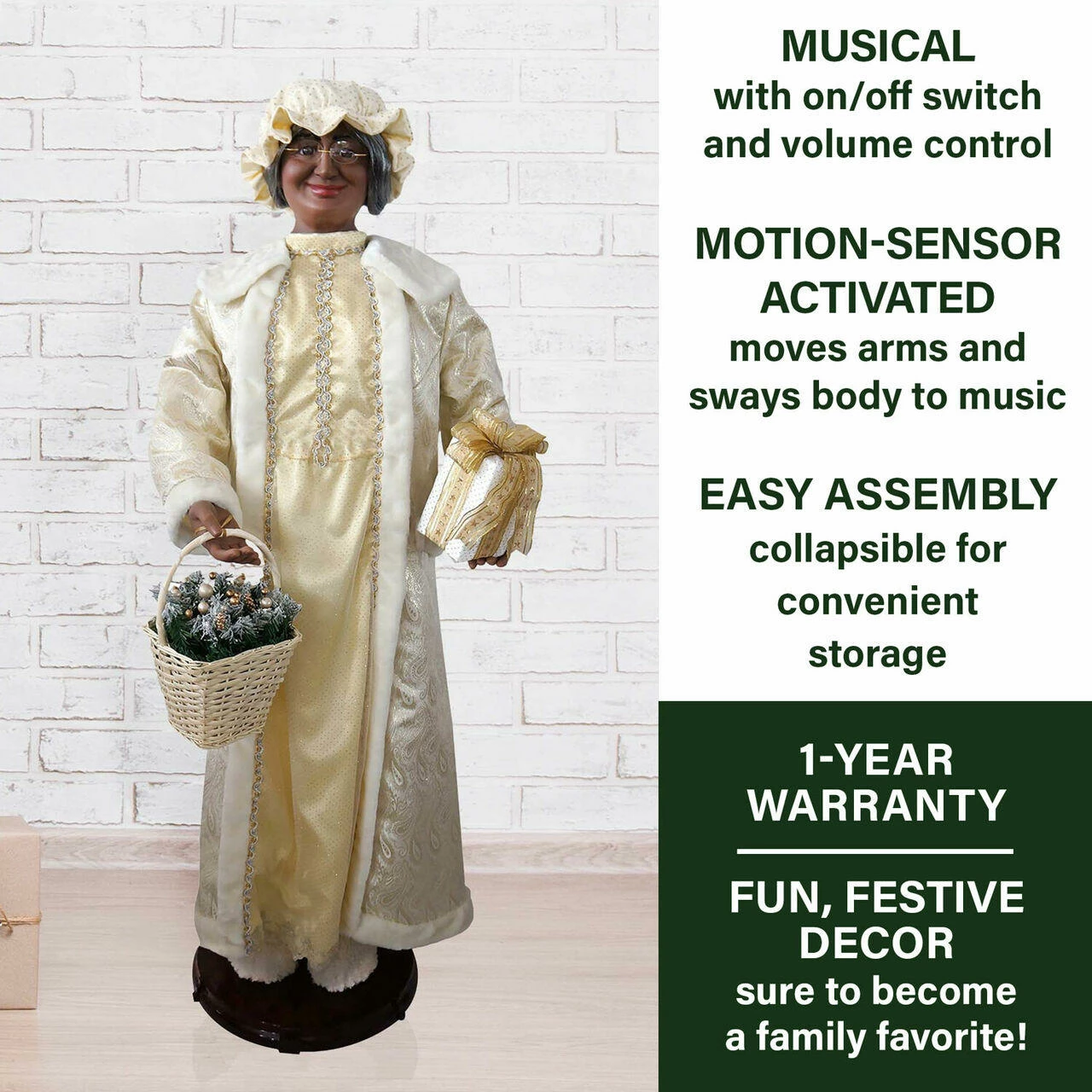 Fraser Hill Farm 58-In. African American Dancing Mrs. Claus With Gift And Basket 2 Fraser Hill Farm 58-In. African American Dancing Mrs. Claus With Gift And Basket - Image 2