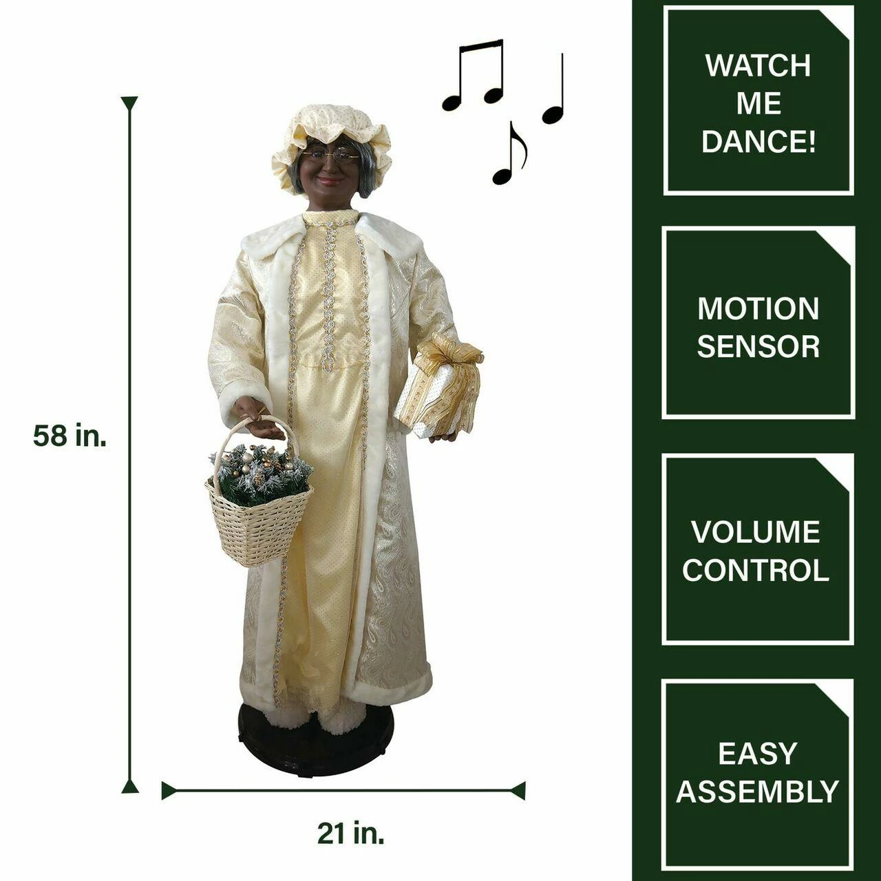Fraser Hill Farm 58-In. African American Dancing Mrs. Claus With Gift And Basket 3 Fraser Hill Farm 58-In. African American Dancing Mrs. Claus With Gift And Basket - Image 3
