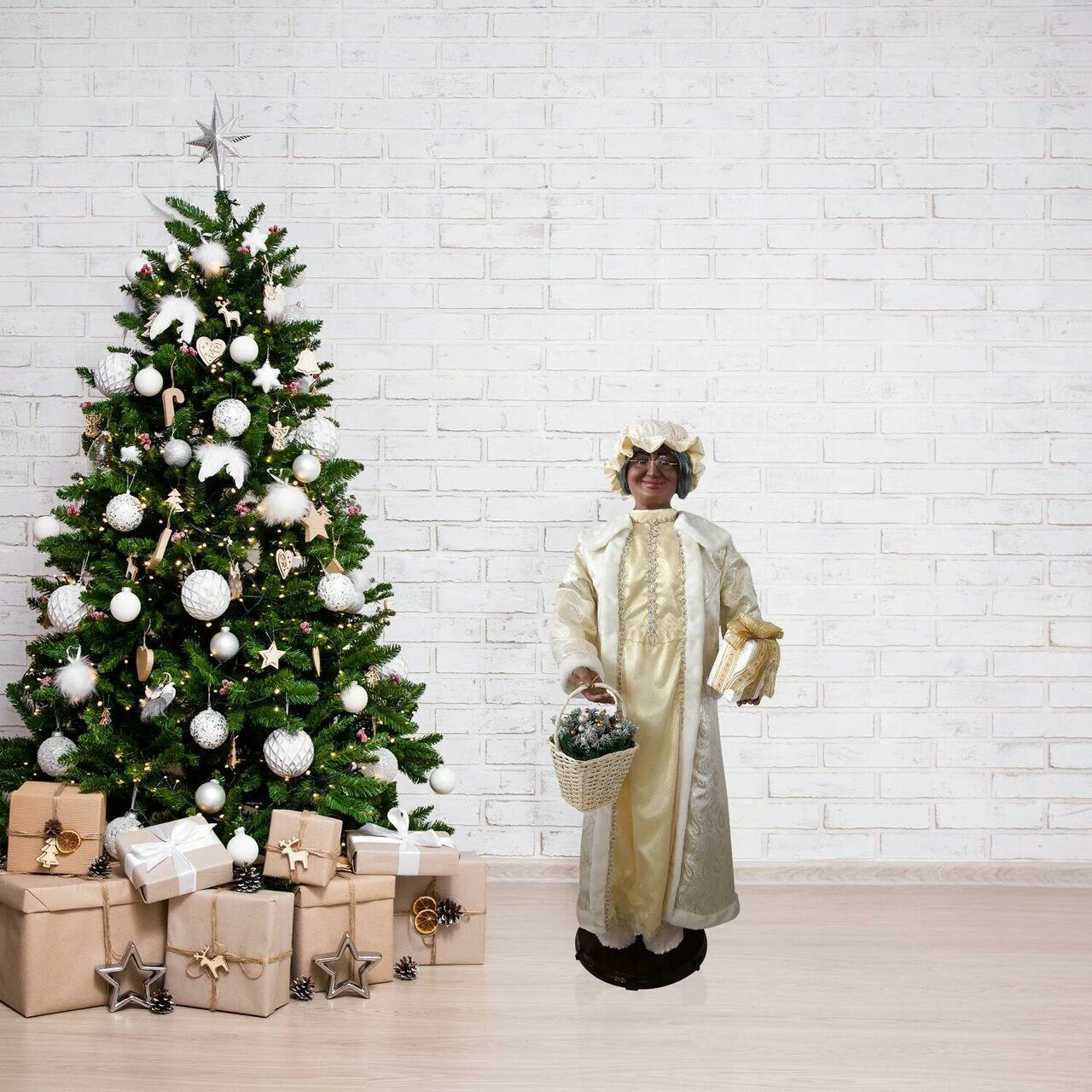 Fraser Hill Farm 58-In. African American Dancing Mrs. Claus With Gift And Basket 5 Fraser Hill Farm 58-In. African American Dancing Mrs. Claus With Gift And Basket - Image 5