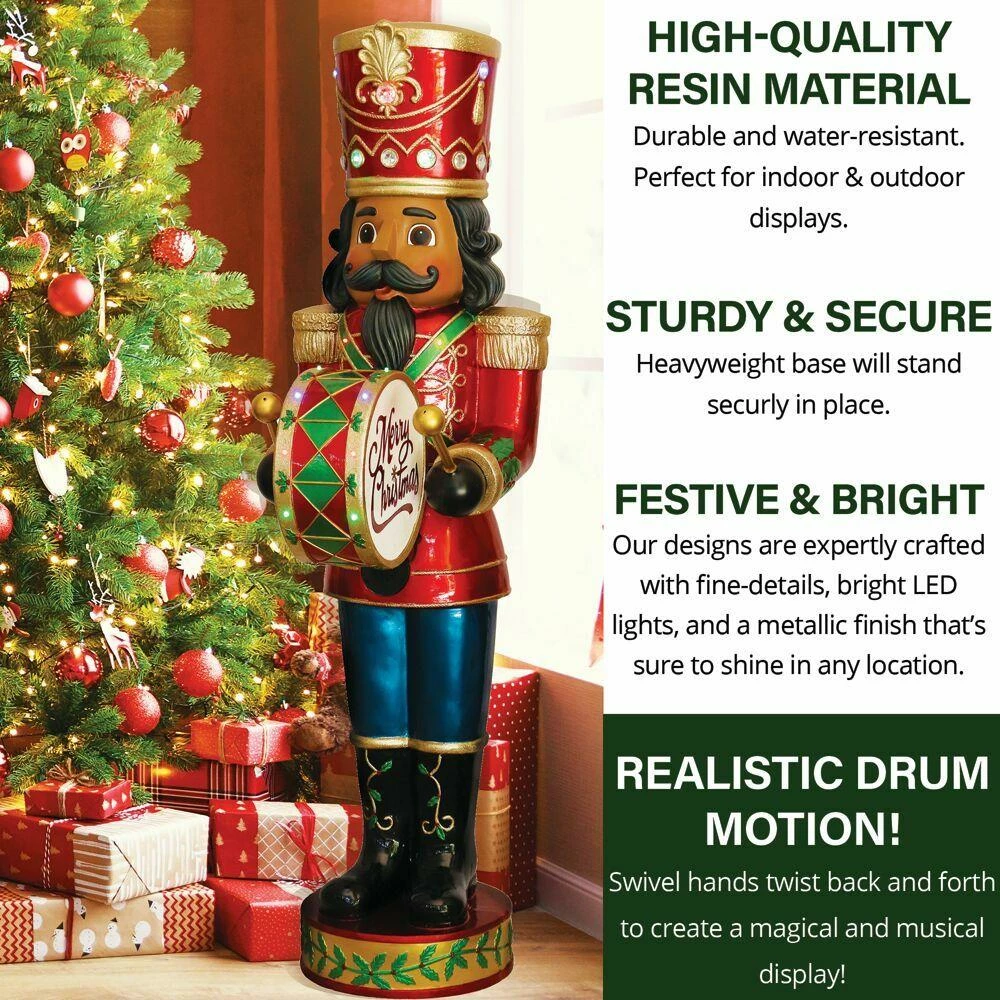 Fraser Hill Farm 5-Ft. African American Nutcracker Playing Bass Drum W/ Moving Hands, Music, Timer, 15 LED Lights 4 Fraser Hill Farm 5-Ft. African American Nutcracker Playing Bass Drum W/ Moving Hands, Music, Timer, 15 LED Lights - Image 4