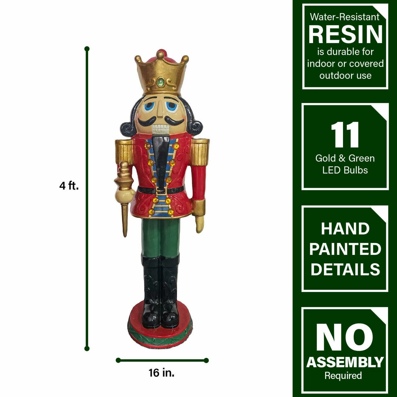 Fraser Hill Farm 4-Ft. Nutcracker King W/ Crown And Scepter, Resin Statue W/ LED Lights 5 Fraser Hill Farm 4-Ft. Nutcracker King W/ Crown And Scepter, Resin Statue W/ LED Lights - Image 5