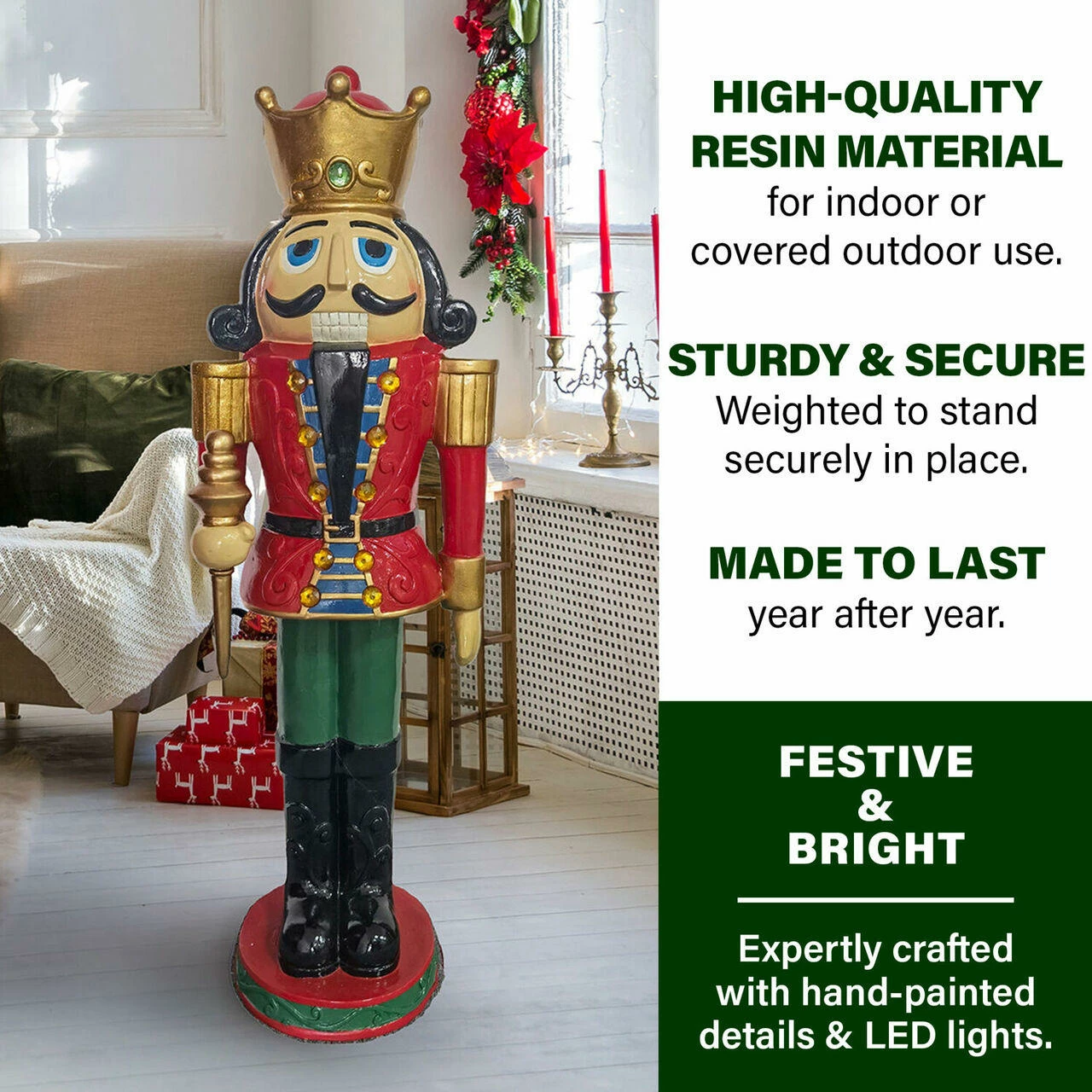 Fraser Hill Farm 4-Ft. Nutcracker King W/ Crown And Scepter, Resin Statue W/ LED Lights 6 Fraser Hill Farm 4-Ft. Nutcracker King W/ Crown And Scepter, Resin Statue W/ LED Lights - Image 6