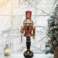 Fraser Hill Farm 3-Ft. Nutcracker Toy Soldier On A Pedestal Base, Resin Statue W/ LED Lights -Christmas store unnamed file 1497