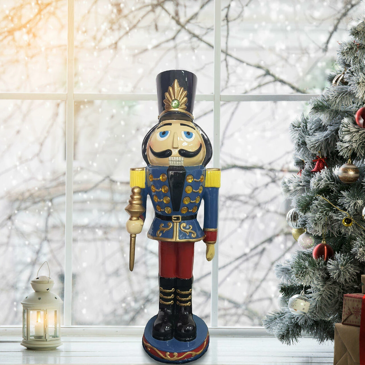 Fraser Hill Farm 3-Ft. Nutcracker Toy Soldier Holding Staff, Resin Statue W/ LED Lights 3 Fraser Hill Farm 3-Ft. Nutcracker Toy Soldier Holding Staff, Resin Statue W/ LED Lights - Image 3