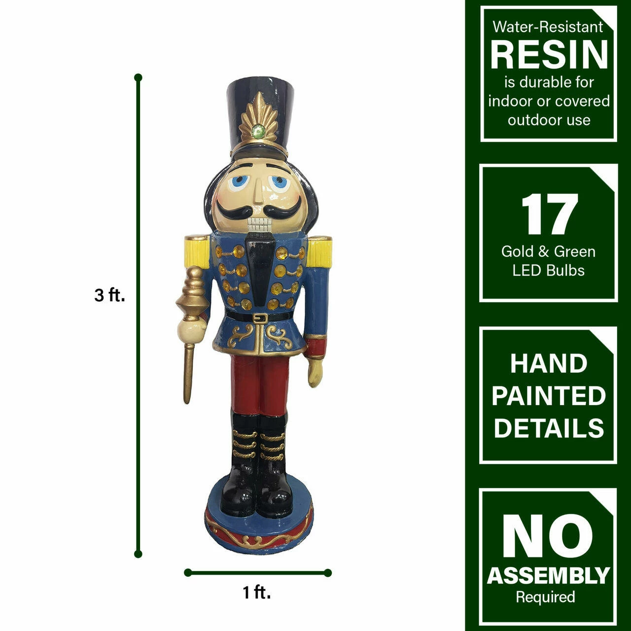 Fraser Hill Farm 3-Ft. Nutcracker Toy Soldier Holding Staff, Resin Statue W/ LED Lights 5 Fraser Hill Farm 3-Ft. Nutcracker Toy Soldier Holding Staff, Resin Statue W/ LED Lights - Image 5