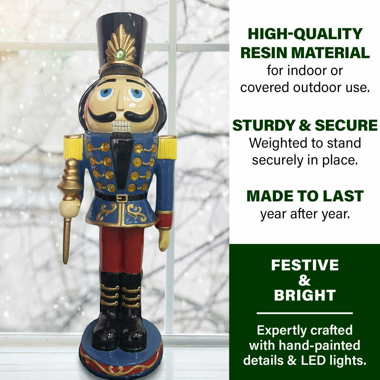 Fraser Hill Farm 3-Ft. Nutcracker Toy Soldier Holding Staff, Resin Statue W/ LED Lights 6 Fraser Hill Farm 3-Ft. Nutcracker Toy Soldier Holding Staff, Resin Statue W/ LED Lights - Image 6