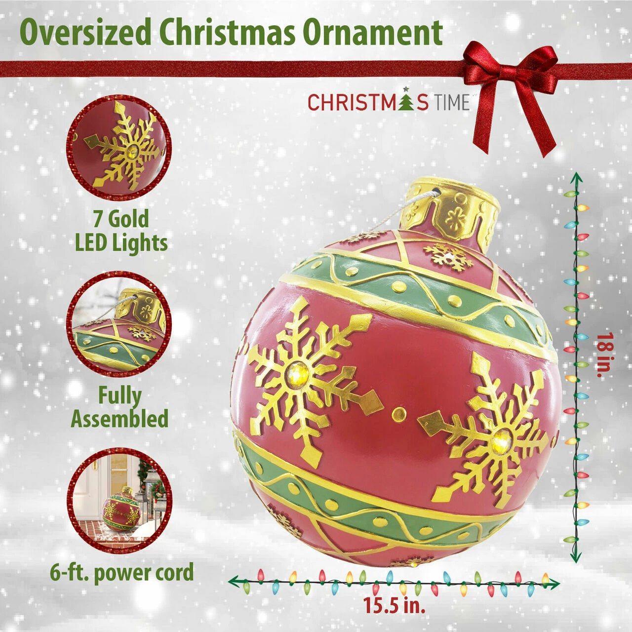 Fraser Hill Farm 18-In. Red Resin Oversized Christmas Ornament W/ Snowflake Pattern And LED Lights 4 Fraser Hill Farm 18-In. Red Resin Oversized Christmas Ornament W/ Snowflake Pattern And LED Lights - Image 4