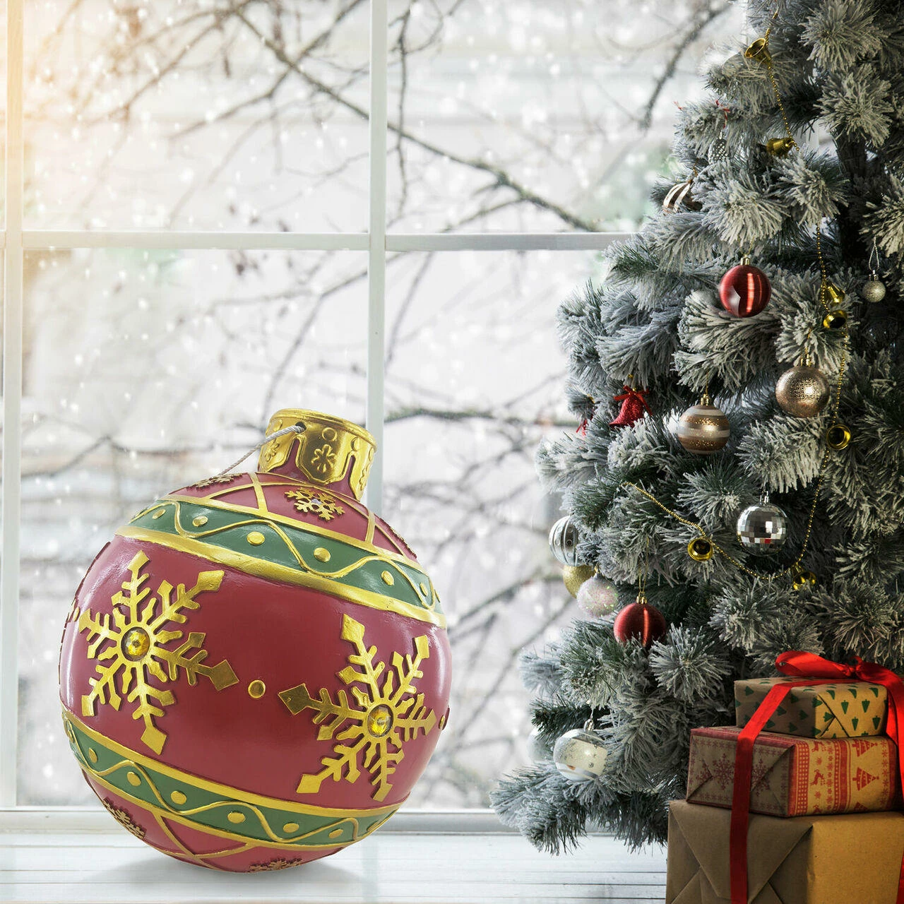 Fraser Hill Farm 18-In. Red Resin Oversized Christmas Ornament W/ Snowflake Pattern And LED Lights 5 Fraser Hill Farm 18-In. Red Resin Oversized Christmas Ornament W/ Snowflake Pattern And LED Lights - Image 5