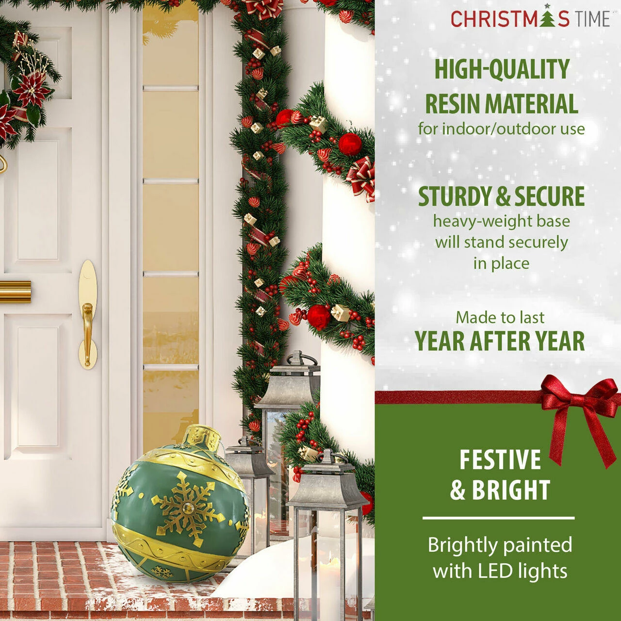 Fraser Hill Farm 18-In. Green Resin Oversized Christmas Ornament W/ Snowflake Pattern And LED Lights 2 Fraser Hill Farm 18-In. Green Resin Oversized Christmas Ornament W/ Snowflake Pattern And LED Lights - Image 2