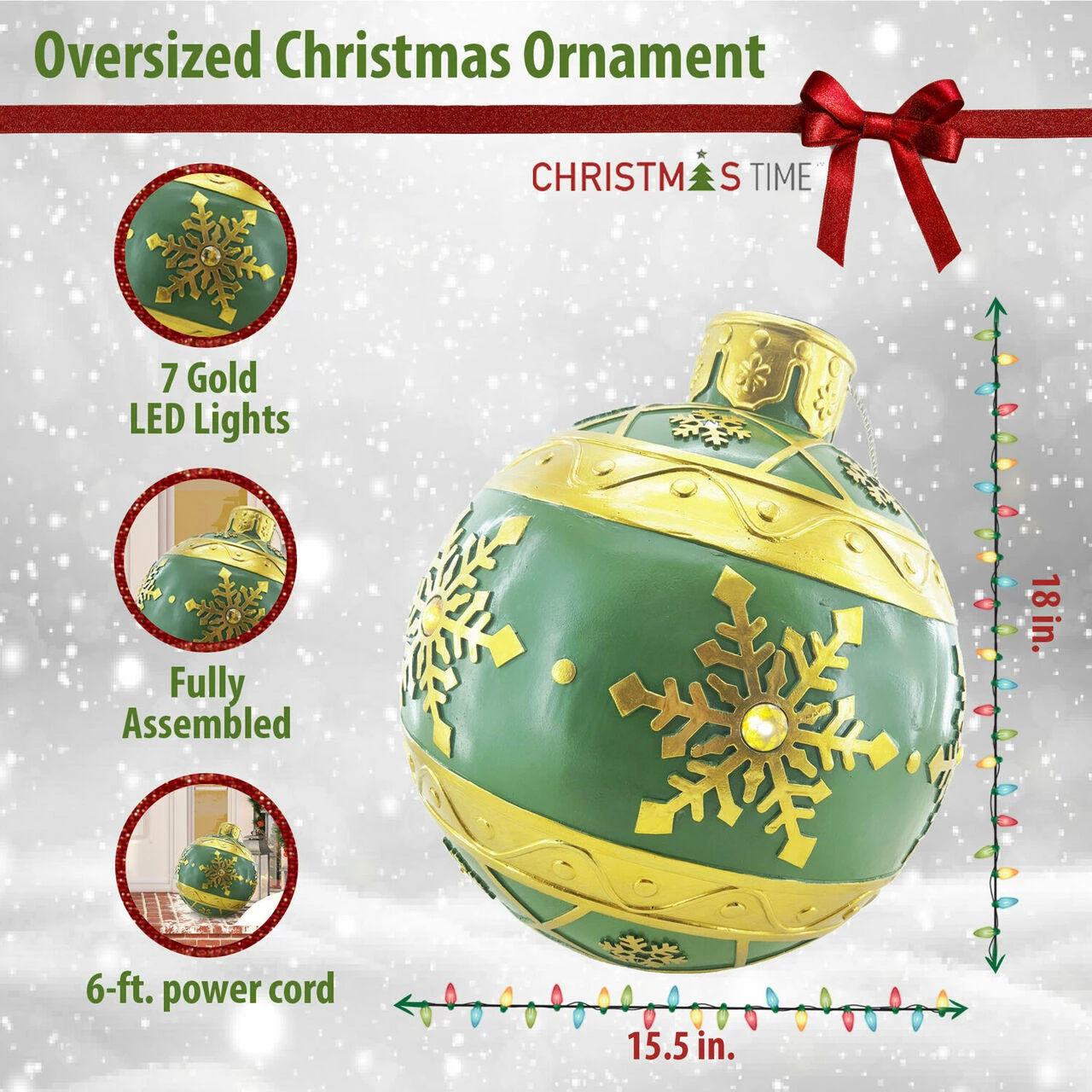 Fraser Hill Farm 18-In. Green Resin Oversized Christmas Ornament W/ Snowflake Pattern And LED Lights 3 Fraser Hill Farm 18-In. Green Resin Oversized Christmas Ornament W/ Snowflake Pattern And LED Lights - Image 3