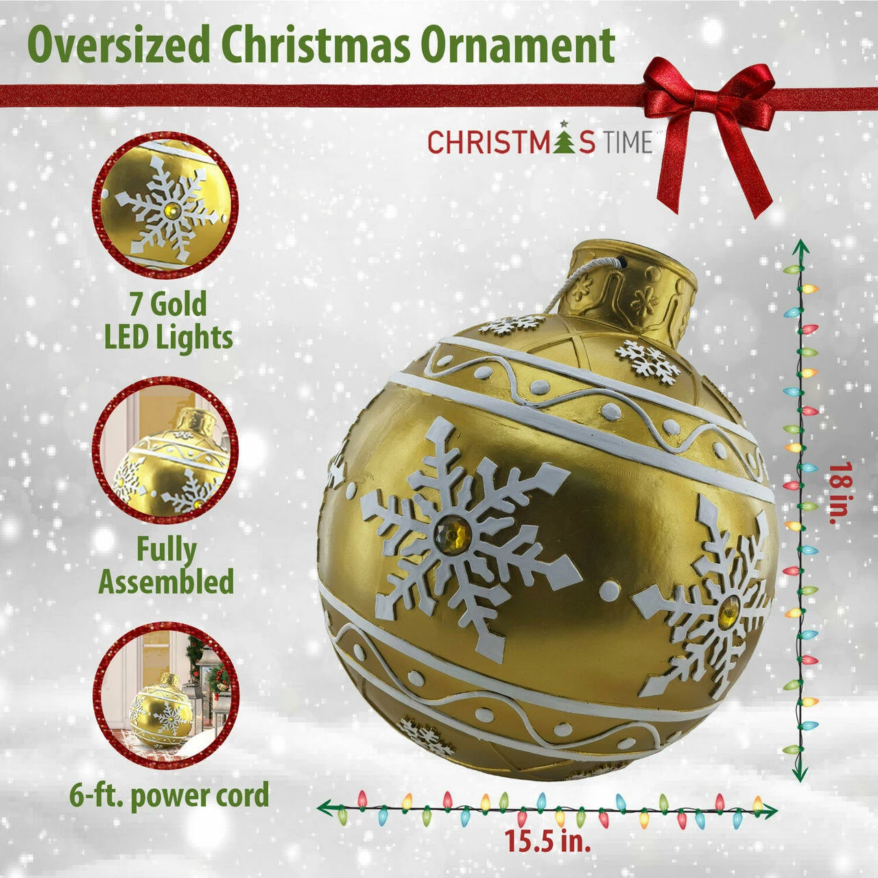 Fraser Hill Farm 18-In. Gold Resin Oversized Christmas Ornament W/ Snowflake Pattern And LED Lights 3 Fraser Hill Farm 18-In. Gold Resin Oversized Christmas Ornament W/ Snowflake Pattern And LED Lights - Image 3