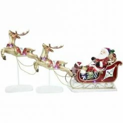 Fraser Hill Farm Santa Sleigh And Flying Reindeer 3-Piece Set W/ Long-Lasting LED Lights