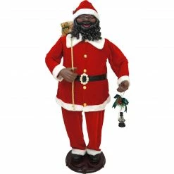 Fraser Hill Farm 58-In. African American Dancing Santa With Toy Sack And Faux Lantern, Animated Christmas Decorations, Holiday Home Décor