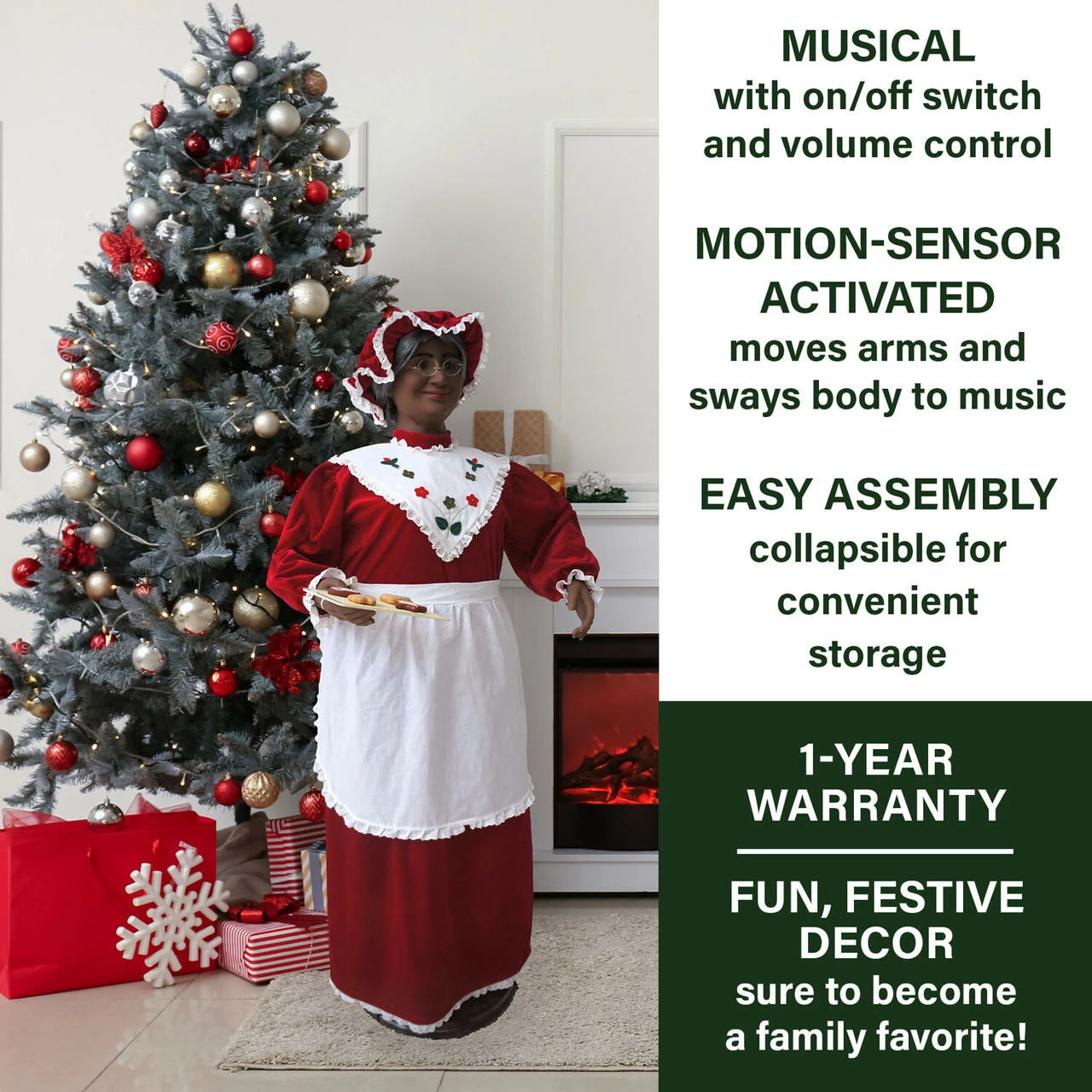 Fraser Hill Farm 58-In. African American Dancing Mrs. Claus With Baking Apron And Cookies, Animated Christmas Decorations, Holiday Home Décor 3 Fraser Hill Farm 58-In. African American Dancing Mrs. Claus With Baking Apron And Cookies, Animated Christmas Decorations, Holiday Home Décor - Image 3