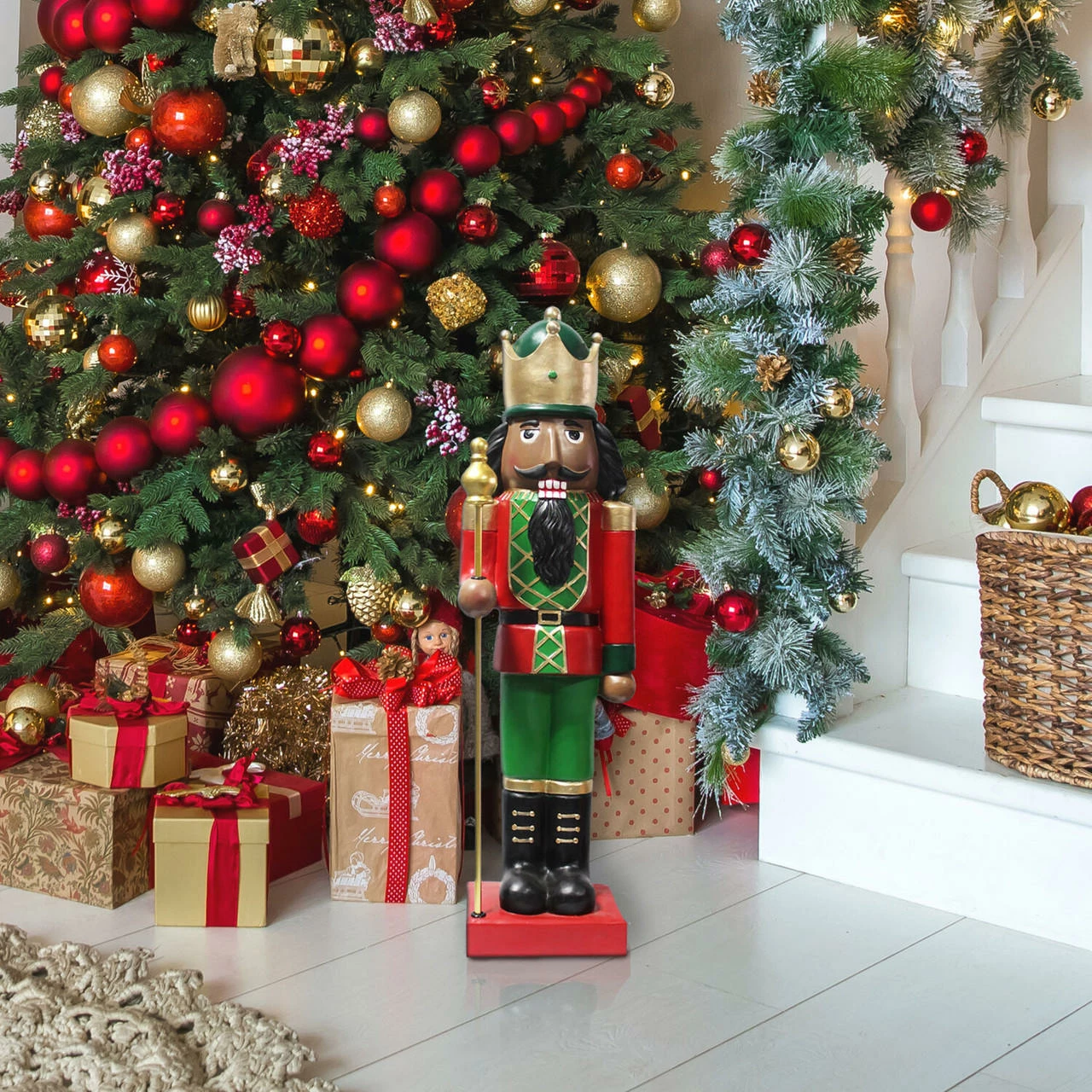 Fraser Hill Farm 32-In. African American Nutcracker Holding Staff Figurine, Festive Indoor Christmas Holiday Decorations, Red/Green 7 Fraser Hill Farm 32-In. African American Nutcracker Holding Staff Figurine, Festive Indoor Christmas Holiday Decorations, Red/Green - Image 7