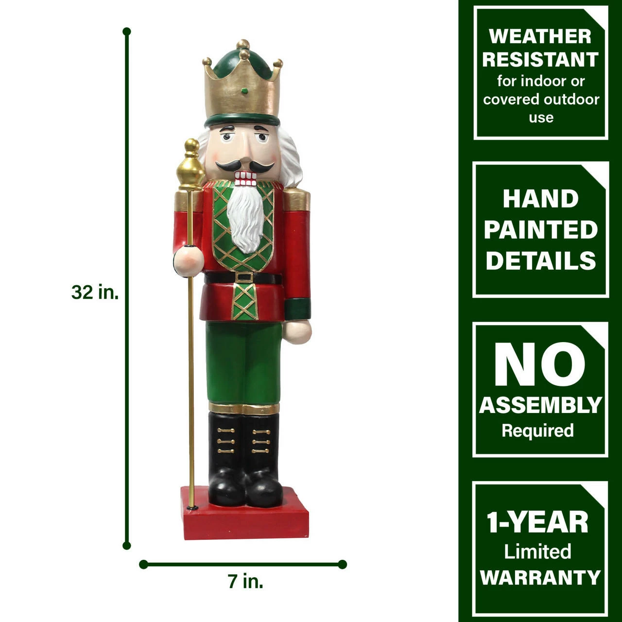 Fraser Hill Farm 32-In. Nutcracker Holding Staff Figurine, Festive Indoor Christmas Holiday Decorations, Red/Green 4 Fraser Hill Farm 32-In. Nutcracker Holding Staff Figurine, Festive Indoor Christmas Holiday Decorations, Red/Green - Image 4