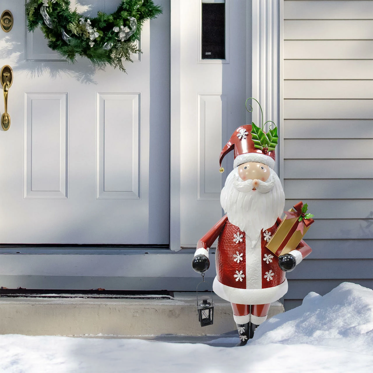 Fraser Hill Farm 50-In. Iron Santa Claus Holding Gift And Lantern With Removable Lawn Stake, Indoor Or Outdoor Christmas Decoration 7 Fraser Hill Farm 50-In. Iron Santa Claus Holding Gift And Lantern With Removable Lawn Stake, Indoor Or Outdoor Christmas Decoration - Image 7