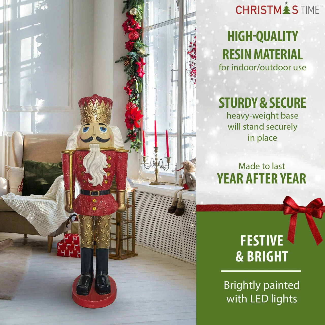 Fraser Hill Farm Christmas Time 4-Ft. Red Nutcracker King Holding A Baton, Resin Figurine W/ LED Lights 2 Fraser Hill Farm Christmas Time 4-Ft. Red Nutcracker King Holding A Baton, Resin Figurine W/ LED Lights - Image 2