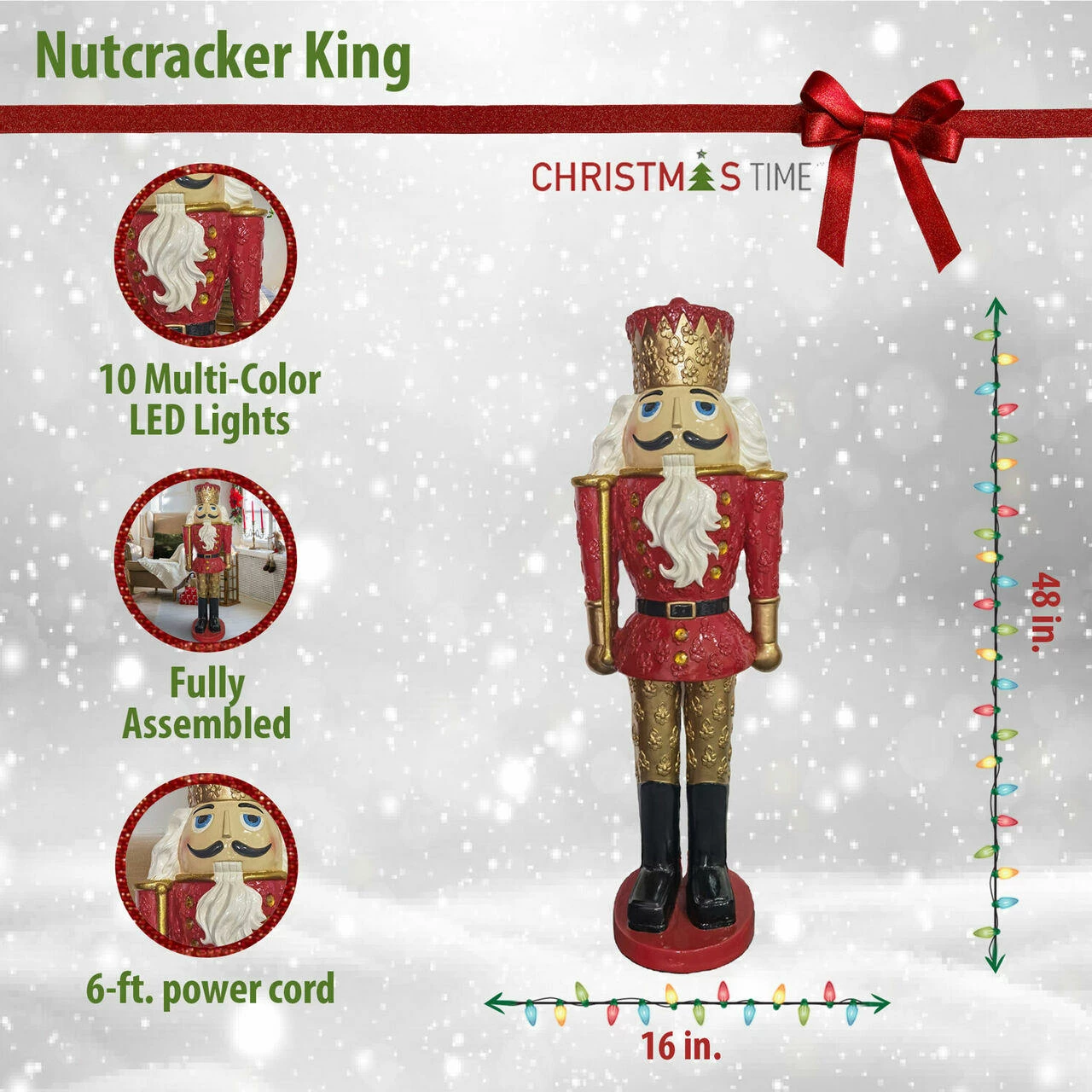 Fraser Hill Farm Christmas Time 4-Ft. Red Nutcracker King Holding A Baton, Resin Figurine W/ LED Lights 3 Fraser Hill Farm Christmas Time 4-Ft. Red Nutcracker King Holding A Baton, Resin Figurine W/ LED Lights - Image 3