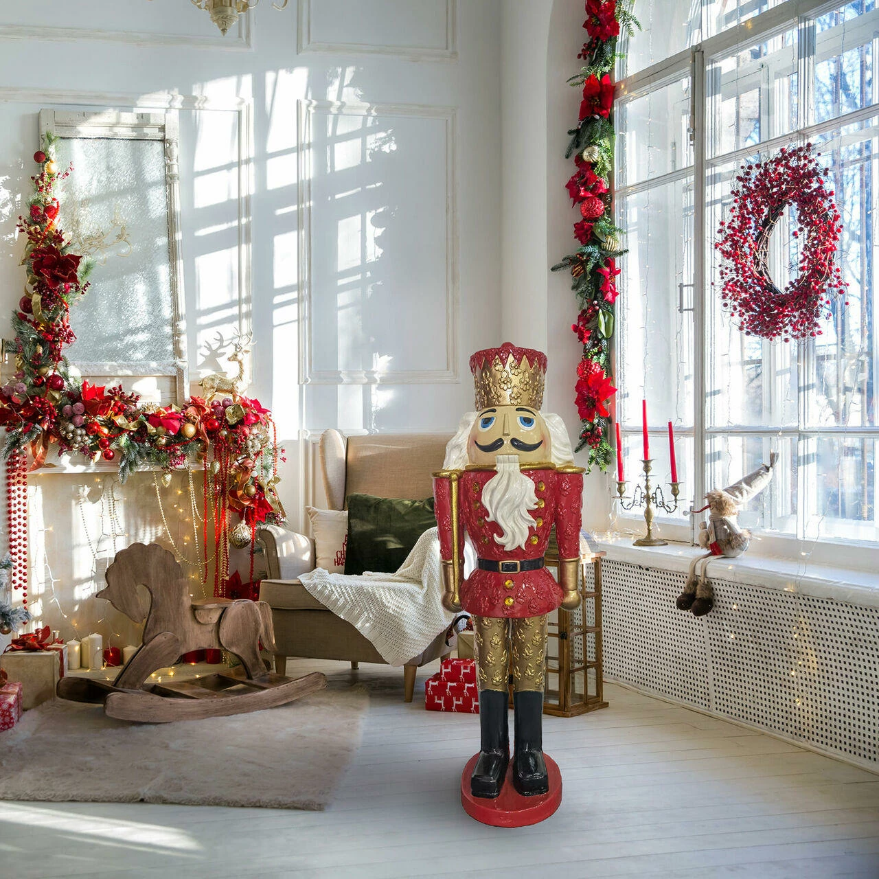 Fraser Hill Farm Christmas Time 4-Ft. Red Nutcracker King Holding A Baton, Resin Figurine W/ LED Lights 4 Fraser Hill Farm Christmas Time 4-Ft. Red Nutcracker King Holding A Baton, Resin Figurine W/ LED Lights - Image 4