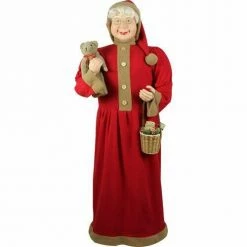 Fraser Hill Farm 5-Ft. Life-Size Standing Mrs. Claus Holding Bear & Basket Wearing Red Plush Dress W/ Sherpa Trim