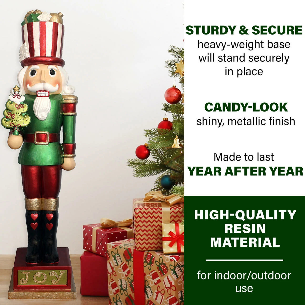 Fraser Hill Farm 4-Ft. Life-Size Candy-Look Nutcracker Greeter Holding Tree In Green, Indoor Or Outdoor 1 Fraser Hill Farm 4-Ft. Life-Size Candy-Look Nutcracker Greeter Holding Tree In Green, Indoor Or Outdoor