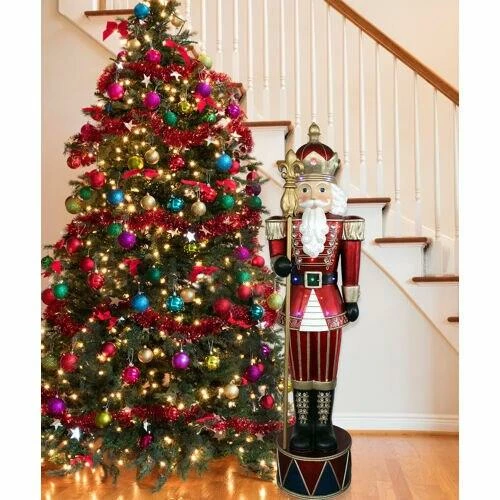 Fraser Hill Farm 6-Ft. Life-Size Jeweled Nutcracker Greeter With Staff And 22 Long-Lasting LED Lights 1 Fraser Hill Farm 6-Ft. Life-Size Jeweled Nutcracker Greeter With Staff And 22 Long-Lasting LED Lights