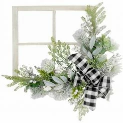 Fraser Hill Farm 24-in. Square Window Frame Door Hanging With Greenery And Plaid Bow