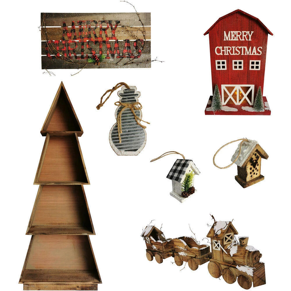 Fraser Hill Farm Woodland 7-Piece Decorating Kit: Tree Shelf, Lighted Barn, Train, Wall Sign, Snowman, 2 Ornaments 1 Fraser Hill Farm Woodland 7-Piece Decorating Kit: Tree Shelf, Lighted Barn, Train, Wall Sign, Snowman, 2 Ornaments