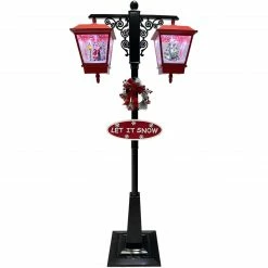 Fraser Hill Farm Let It Snow Series 71-In. Dual-Lantern Street Lamp W/ Santa, Tree, 1 Sign, Cascading Snow And Christmas Carols, Red/Black