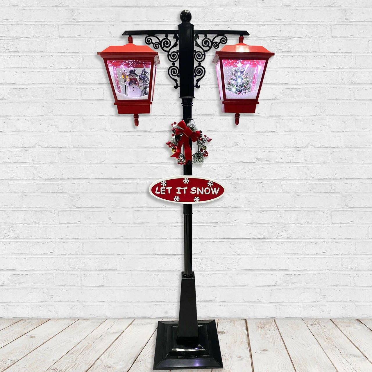 Fraser Hill Farm Let It Snow Series 74-In. Dual-Lantern Street Lamp W/ Snowman, Tree, 1 Sign, Cascading Snow And Christmas Carols, Red/Black 2 Fraser Hill Farm Let It Snow Series 74-In. Dual-Lantern Street Lamp W/ Snowman, Tree, 1 Sign, Cascading Snow And Christmas Carols, Red/Black - Image 2