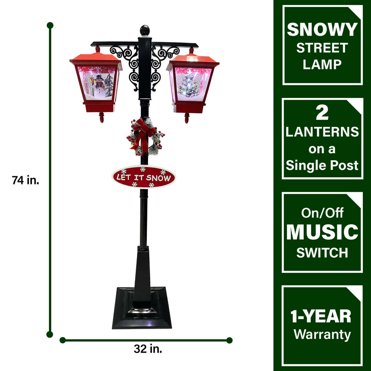 Fraser Hill Farm Let It Snow Series 74-In. Dual-Lantern Street Lamp W/ Snowman, Tree, 1 Sign, Cascading Snow And Christmas Carols, Red/Black 6 Fraser Hill Farm Let It Snow Series 74-In. Dual-Lantern Street Lamp W/ Snowman, Tree, 1 Sign, Cascading Snow And Christmas Carols, Red/Black - Image 6