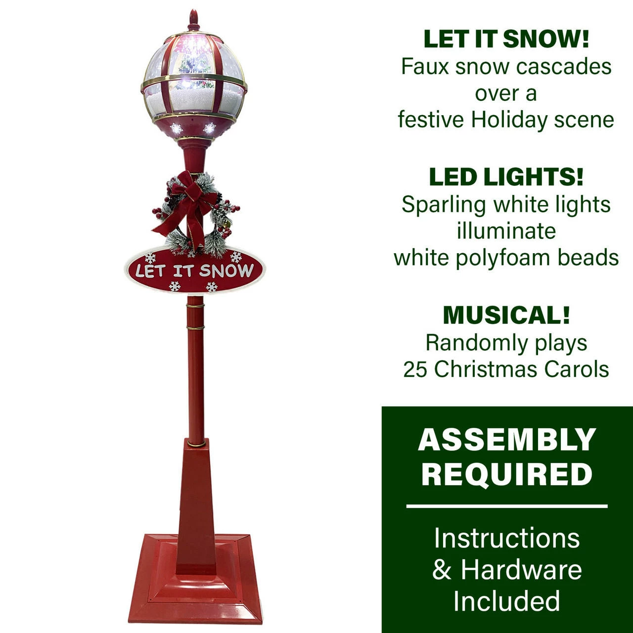 Fraser Hill Farm Let It Snow Series 69-In. Musical Snow Globe Lamp Post With Tree Scene, 2 Signs, Cascading Snow, And Christmas Carols, Red 3 Fraser Hill Farm Let It Snow Series 69-In. Musical Snow Globe Lamp Post With Tree Scene, 2 Signs, Cascading Snow, And Christmas Carols, Red - Image 3
