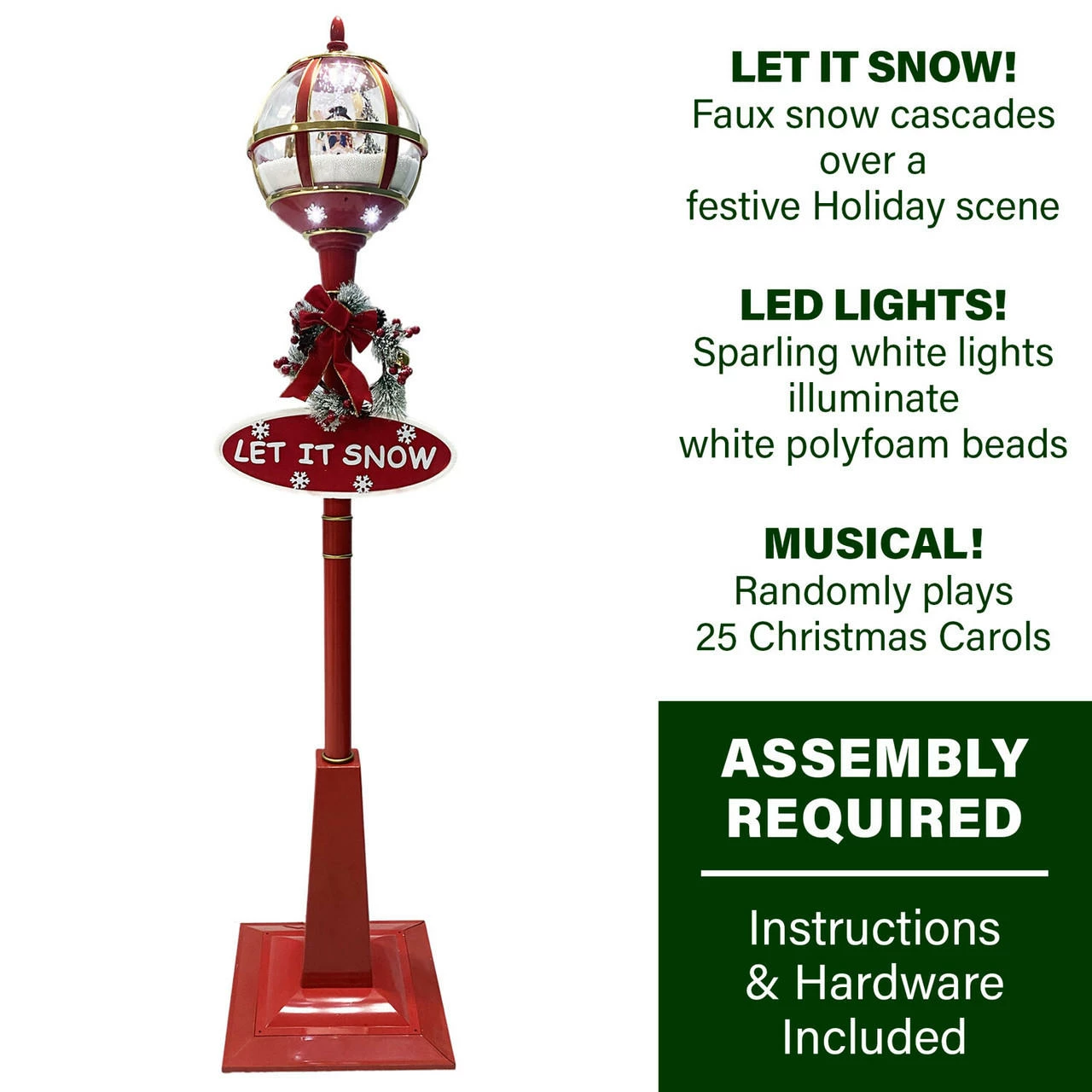Fraser Hill Farm Let It Snow Series 69-In. Musical Snow Globe Lamp Post With Snowman Scene, 2 Signs, Cascading Snow, And Christmas Carols, Red 3 Fraser Hill Farm Let It Snow Series 69-In. Musical Snow Globe Lamp Post With Snowman Scene, 2 Signs, Cascading Snow, And Christmas Carols, Red - Image 3