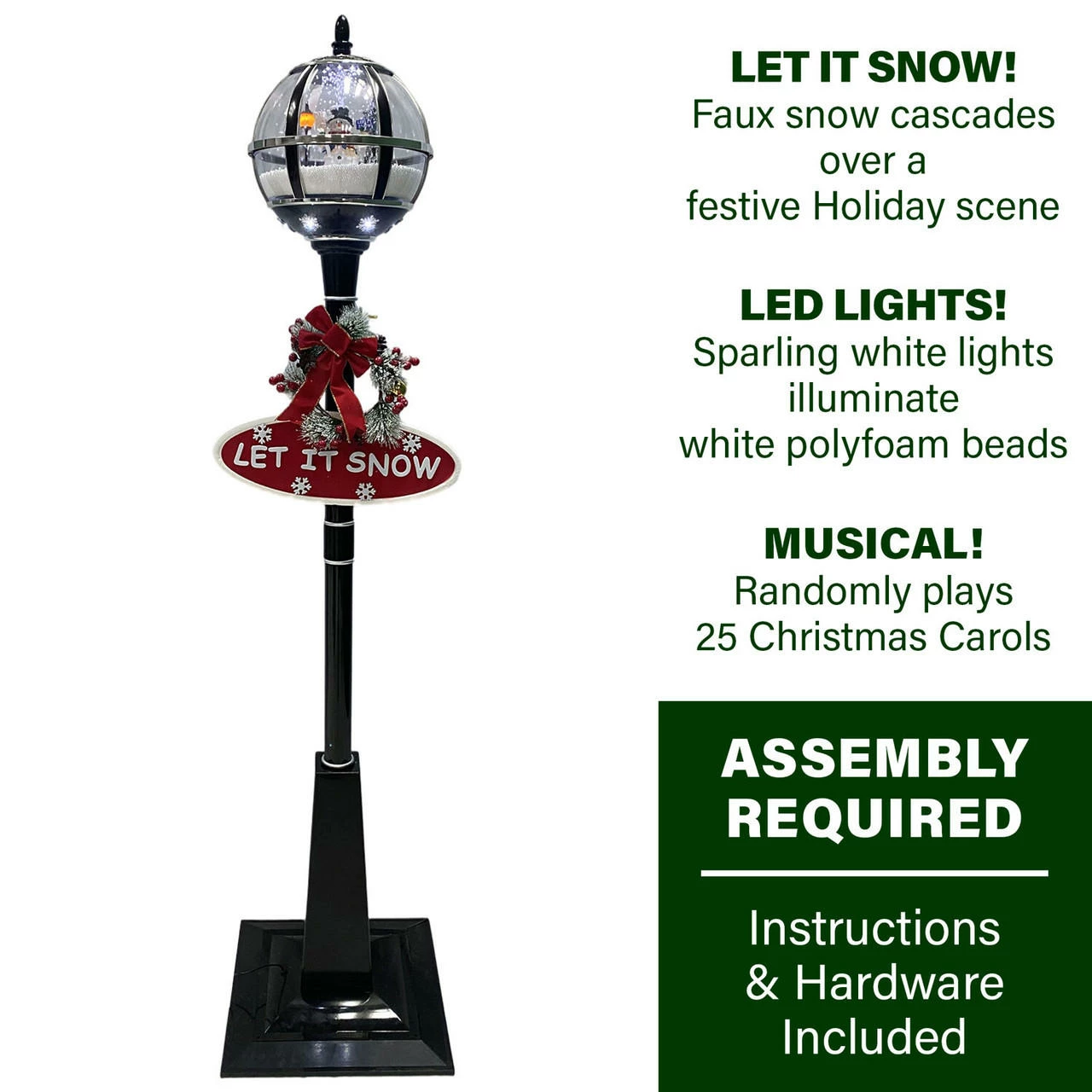 Fraser Hill Farm Let It Snow Series 69-In. Musical Snow Globe Lamp Post W/ Snowman Scene, 2 Signs, Cascading Snow, And Christmas Carols, Black 3 Fraser Hill Farm Let It Snow Series 69-In. Musical Snow Globe Lamp Post W/ Snowman Scene, 2 Signs, Cascading Snow, And Christmas Carols, Black - Image 3