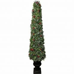 Fraser Hill Farm 4-Ft. Faux Boxwood Christmas Porch Tree With Red Berries In Ornamental Pot