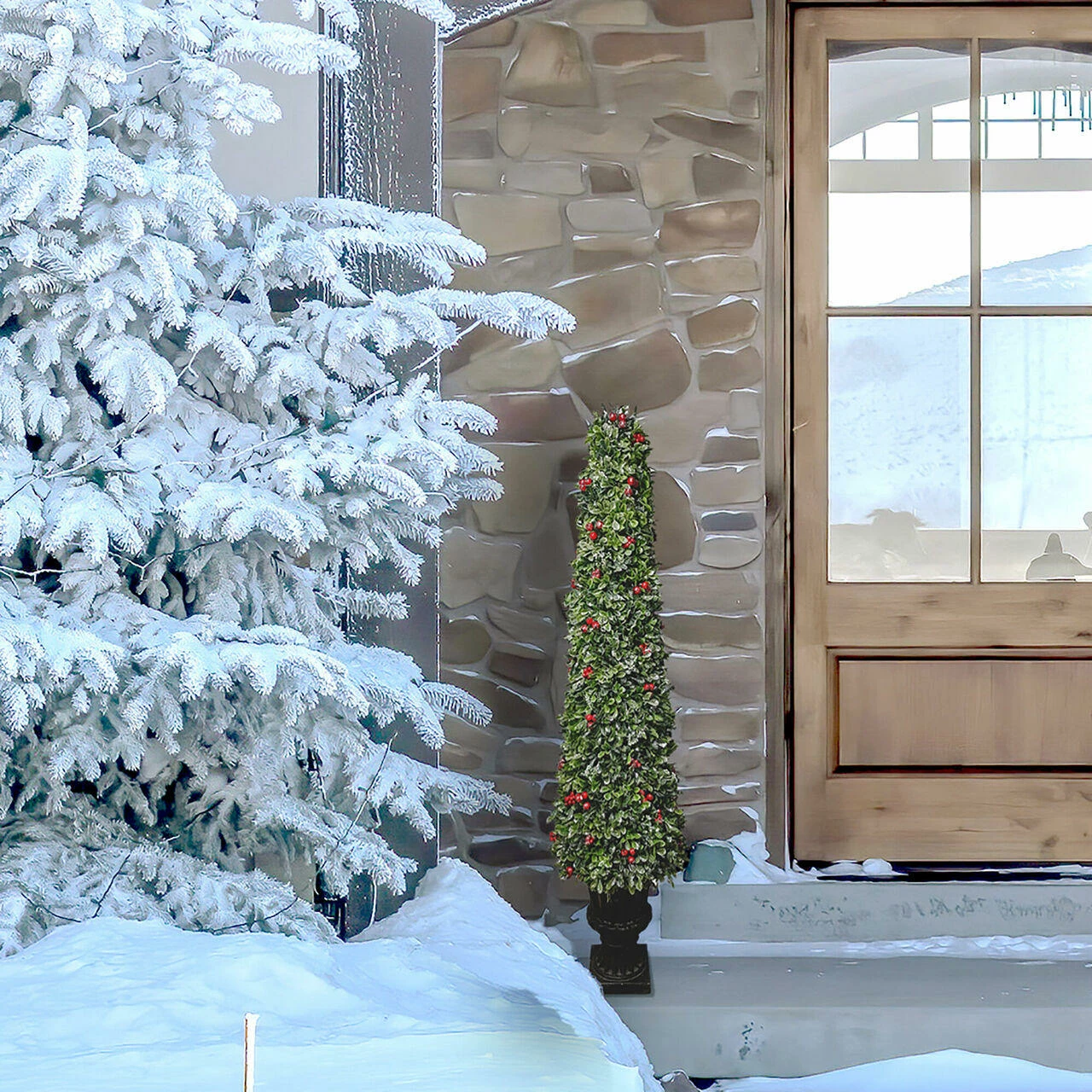 Fraser Hill Farm 4-Ft. Faux Boxwood Christmas Porch Tree With Red Berries In Ornamental Pot 2 Fraser Hill Farm 4-Ft. Faux Boxwood Christmas Porch Tree With Red Berries In Ornamental Pot - Image 2