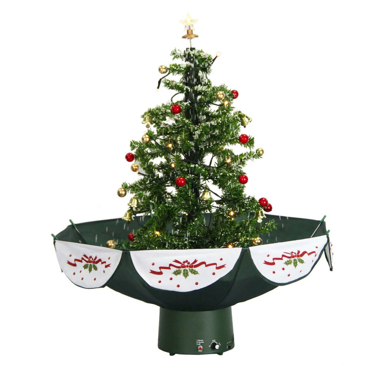 Fraser Hill Farm Let It Snow Series 29-In. Green Tree W/ Star Topper, Green Umbrella Base, Animated Musical Snow 1 Fraser Hill Farm Let It Snow Series 29-In. Green Tree W/ Star Topper, Green Umbrella Base, Animated Musical Snow