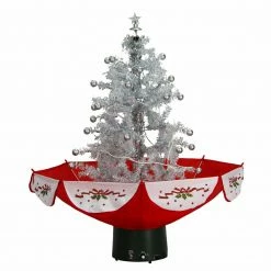 Fraser Hill Farm Let It Snow Series 29-In. White Tree W/ Star Topper And Red Umbrella Base, Animated Musical Snow