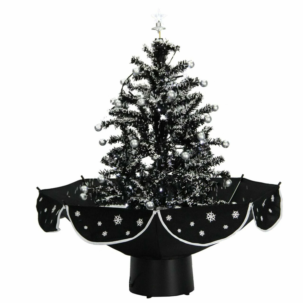Fraser Hill Farm Let It Snow Series 29-In. Black Tree W/ Star Topper, Black Umbrella Base, Animated Musical Snow 1 Fraser Hill Farm Let It Snow Series 29-In. Black Tree W/ Star Topper, Black Umbrella Base, Animated Musical Snow