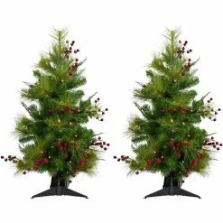Fraser Hill Farm Set Of 2, 4-Ft. Newberry Pine Artificial Tree, Various Lighting Options