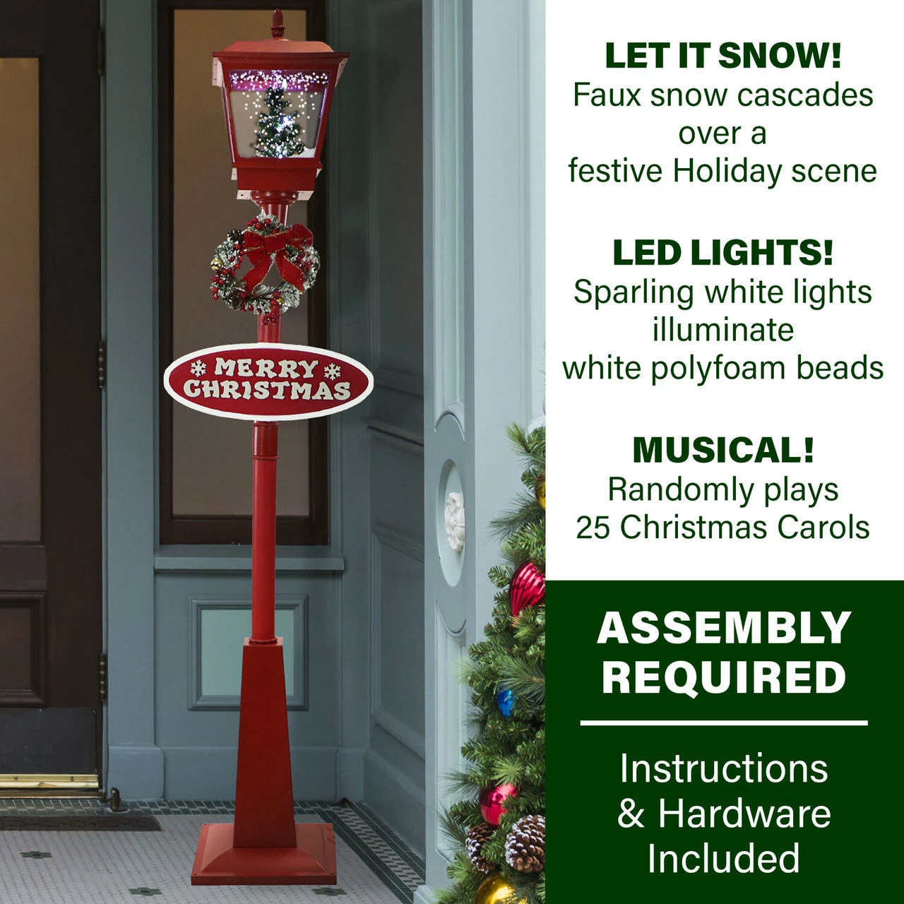 Fraser Hill Farm Let It Snow Series 71" Musical Street Lamp In Red W/ Christmas Tree, 2 Signs, Cascading Snow, Music 2 Fraser Hill Farm Let It Snow Series 71" Musical Street Lamp In Red W/ Christmas Tree, 2 Signs, Cascading Snow, Music - Image 2