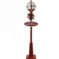 Fraser Hill Farm Let It Snow Series 69" Snow Globe Lamp Post In Red W/ Santa, 2 Signs, Cascading Snow, Carols