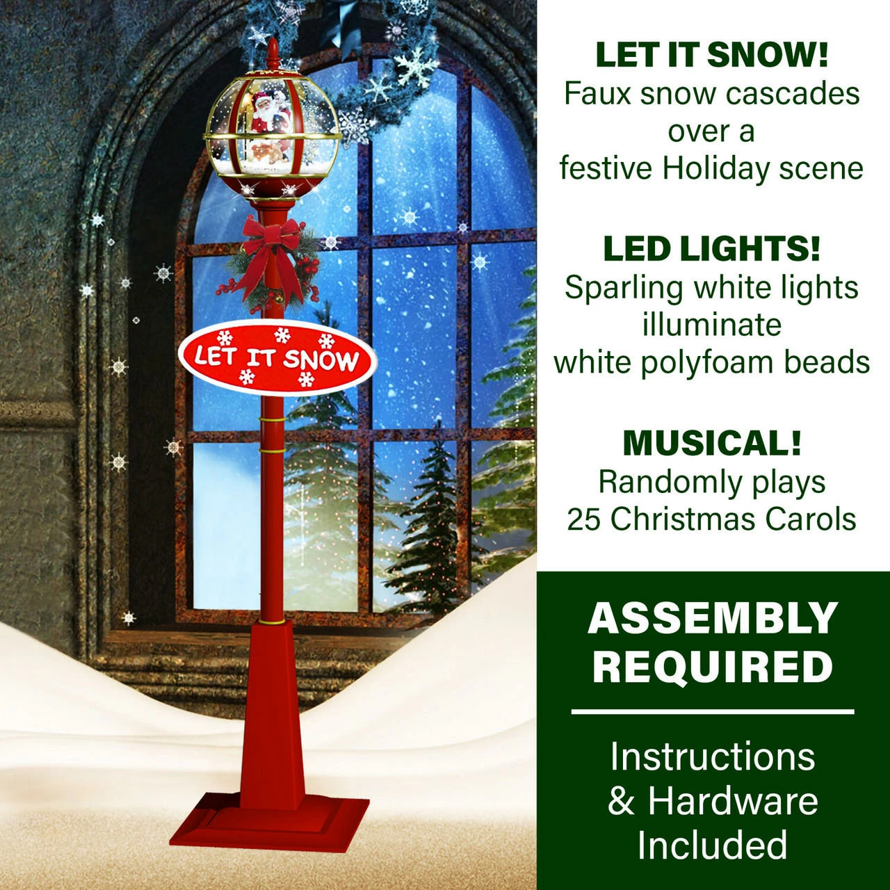 Fraser Hill Farm Let It Snow Series 69" Musical Globe Lamp Post In Red Featuring Santa Scene And Snow 3 Fraser Hill Farm Let It Snow Series 69" Musical Globe Lamp Post In Red Featuring Santa Scene And Snow - Image 3